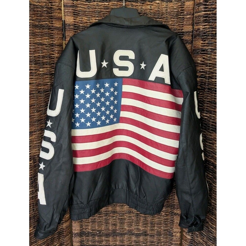90's USA Faux Leather Bomber Jacket Men's Size XL  American Flag Embroidered